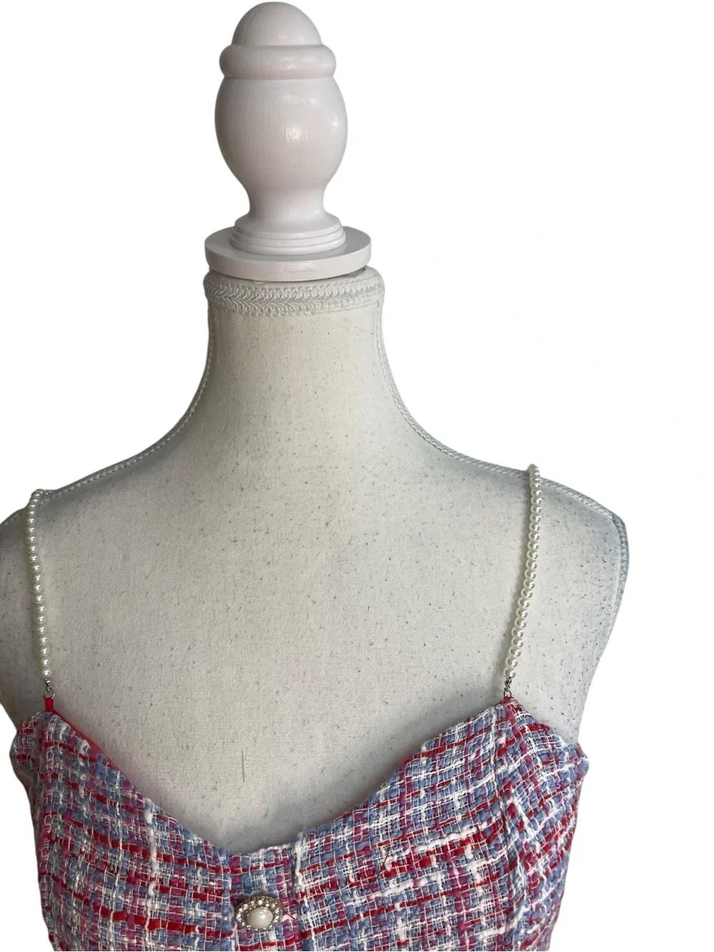 Zara Tweed Corset Crop Top with Pearl Straps Red Blue